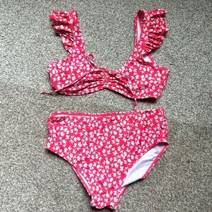 Pink Lily Floral Bikini Set High Waisted Ruffle Swimsuit